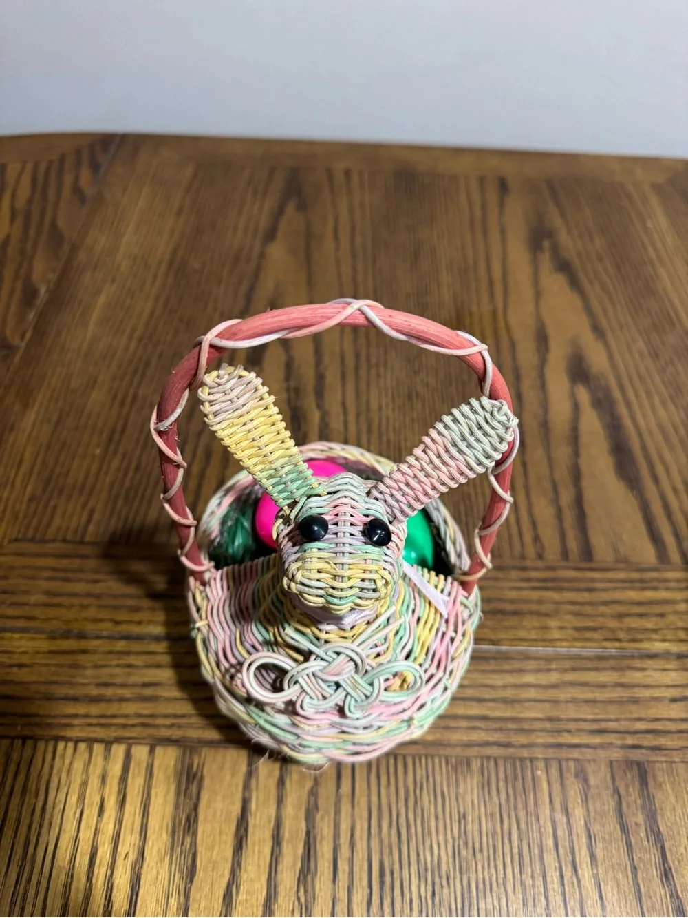 Woven Pastel Bunny Basket with pink, green, yellow & lavender eggs Easter decor